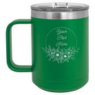 Personalized green 15 oz vacuum insulated coffee mug with 'Flower Frame 1' design