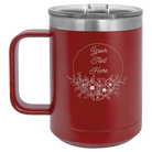 Personalized maroon 15 oz vacuum insulated coffee mug with 'Flower Frame 1' design