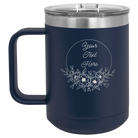 Personalized navy 15 oz vacuum insulated coffee mug with 'Flower Frame 1' design