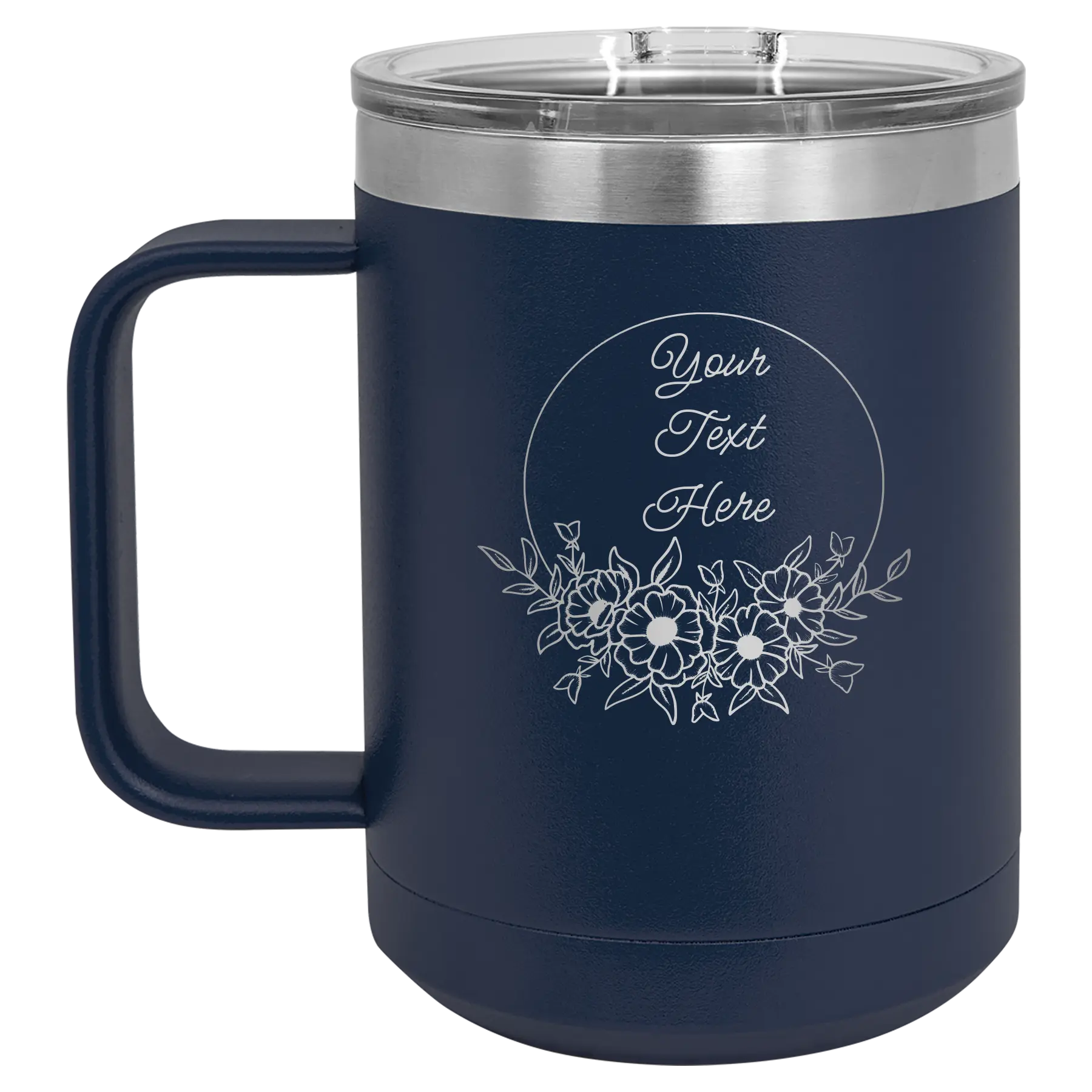 Personalized navy 15 oz vacuum insulated coffee mug with 'Flower Frame 1' design