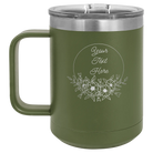Personalized olive green 15 oz vacuum insulated coffee mug with 'Flower Frame 1' design