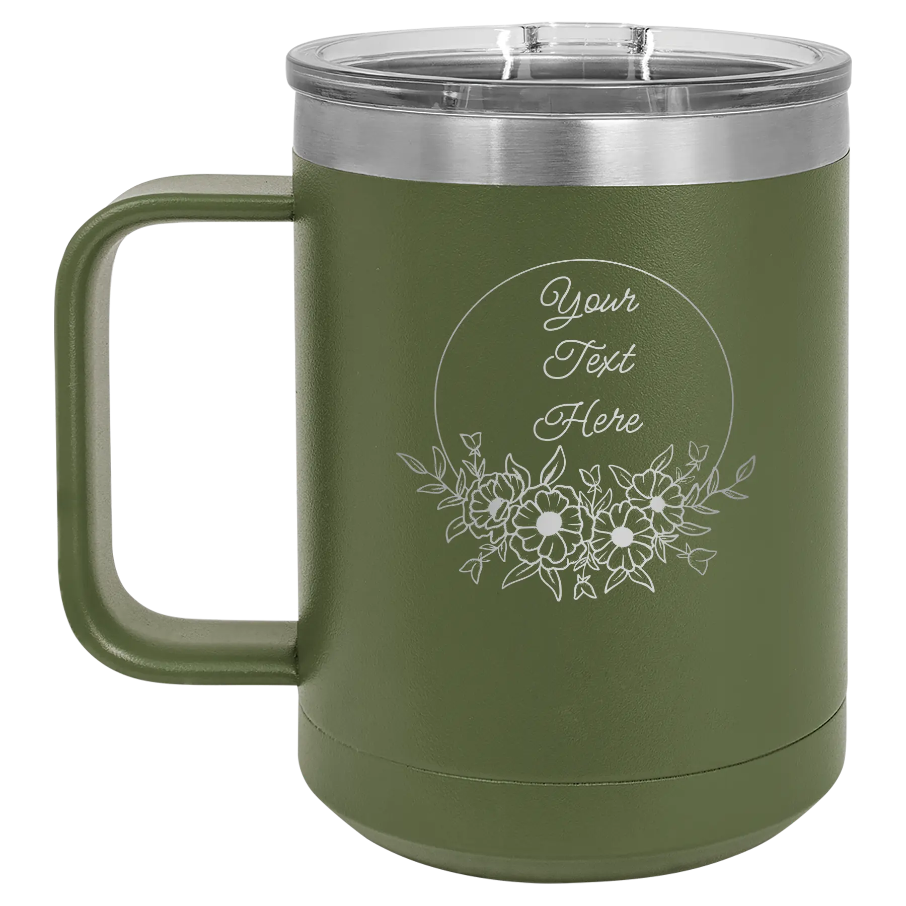 Personalized olive green 15 oz vacuum insulated coffee mug with 'Flower Frame 1' design