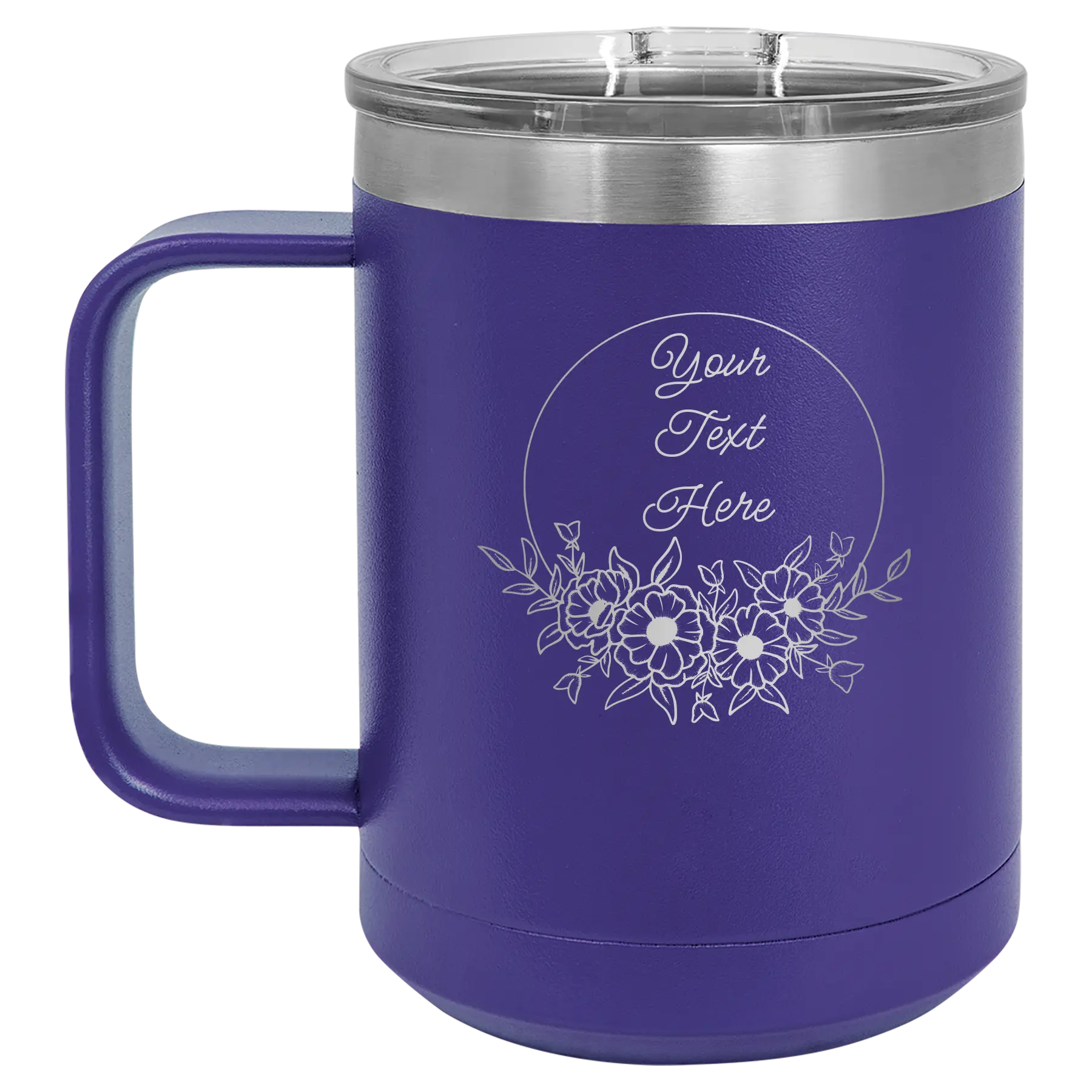 Personalized purple 15 oz vacuum insulated coffee mug with 'Flower Frame 1' design