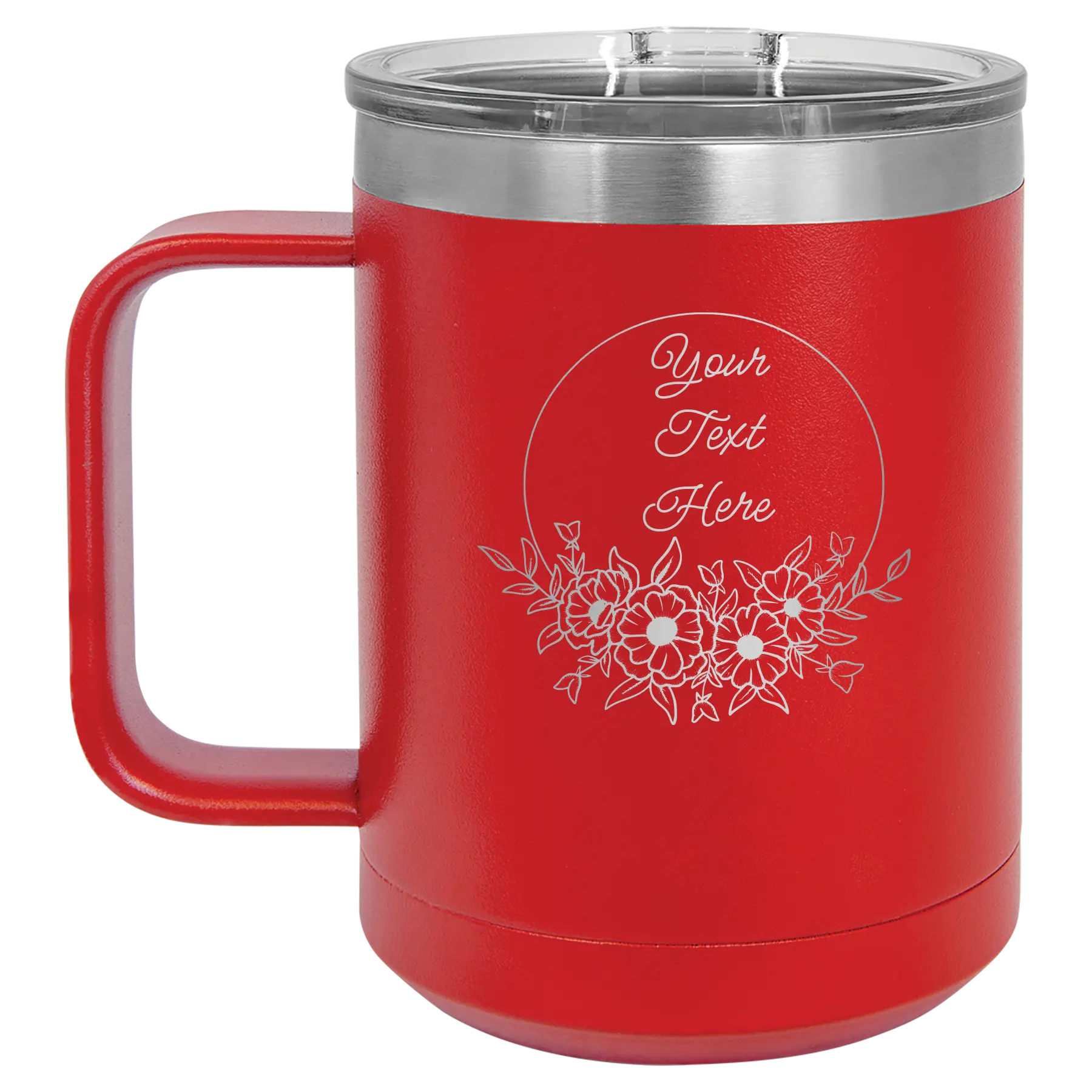Personalized red 15 oz vacuum insulated coffee mug with 'Flower Frame 1' design