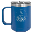 Personalized royal blue 15 oz vacuum insulated coffee mug with 'Flower Frame 1' design