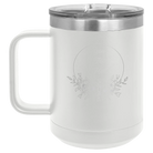 Personalized white 15 oz vacuum insulated coffee mug with 'Flower Frame 1' design