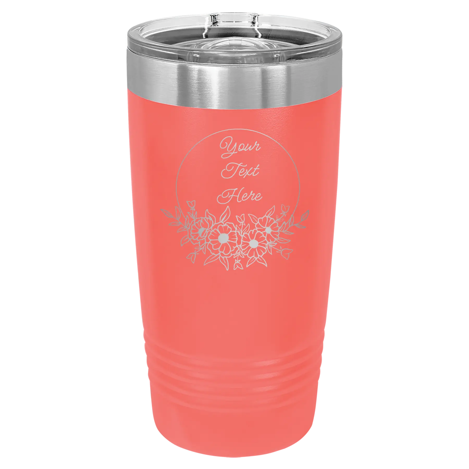 Personalized coral 20 oz vacuum insulated tumbler with 'Flower Frame 1' design