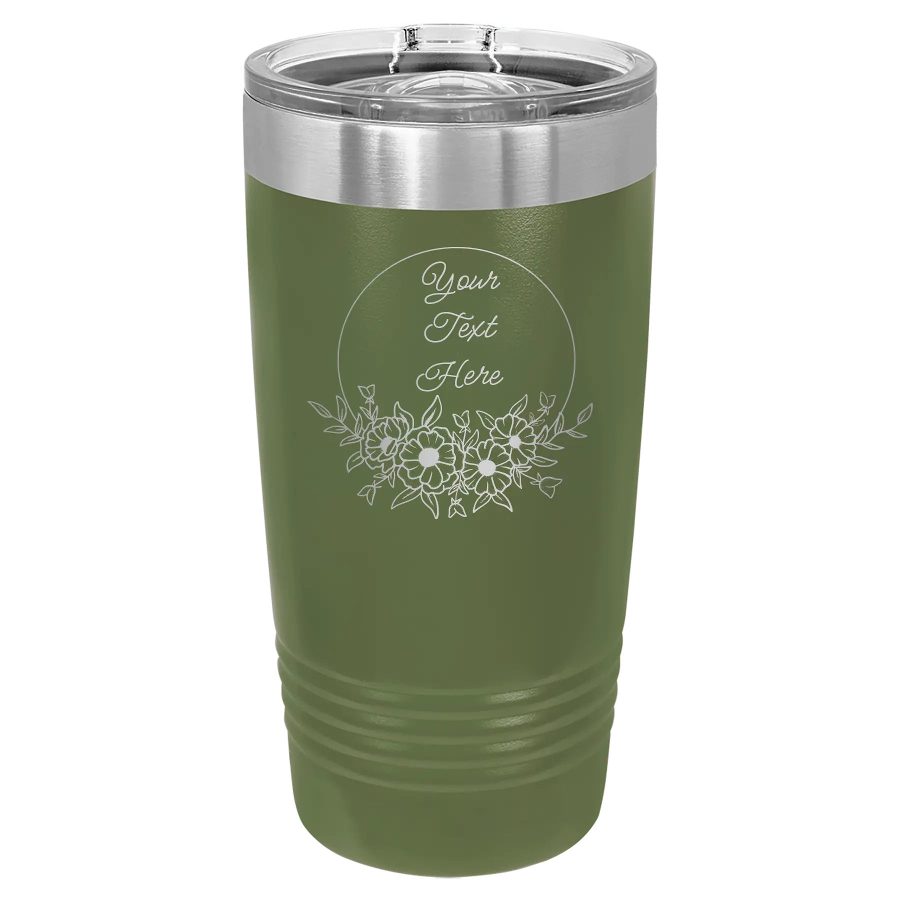 Personalized olive green 20 oz vacuum insulated tumbler with 'Flower Frame 1' design