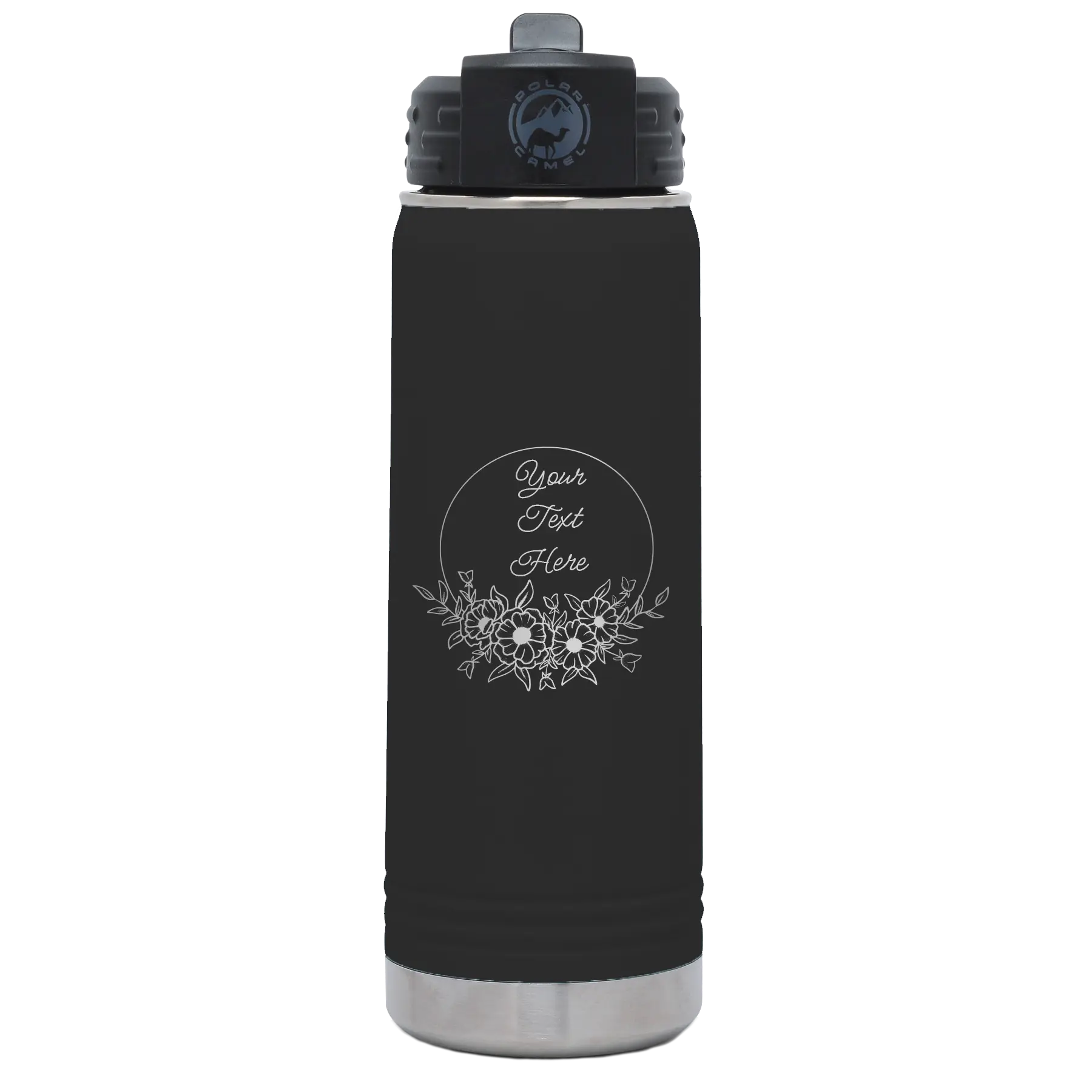 Personalized black 20 oz vacuum insulated water bottle with 'Flower Frame 1' design