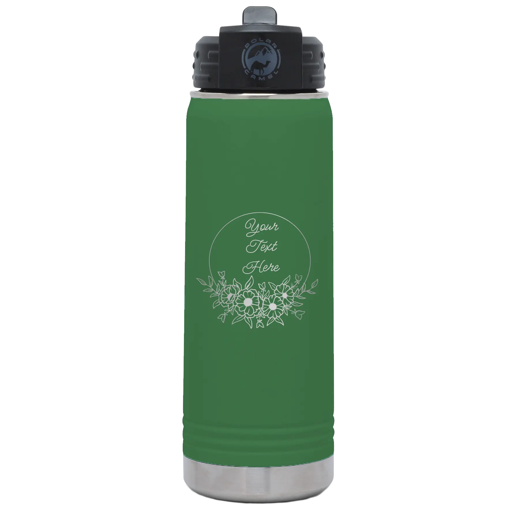 Personalized green 20 oz vacuum insulated water bottle with 'Flower Frame 1' design