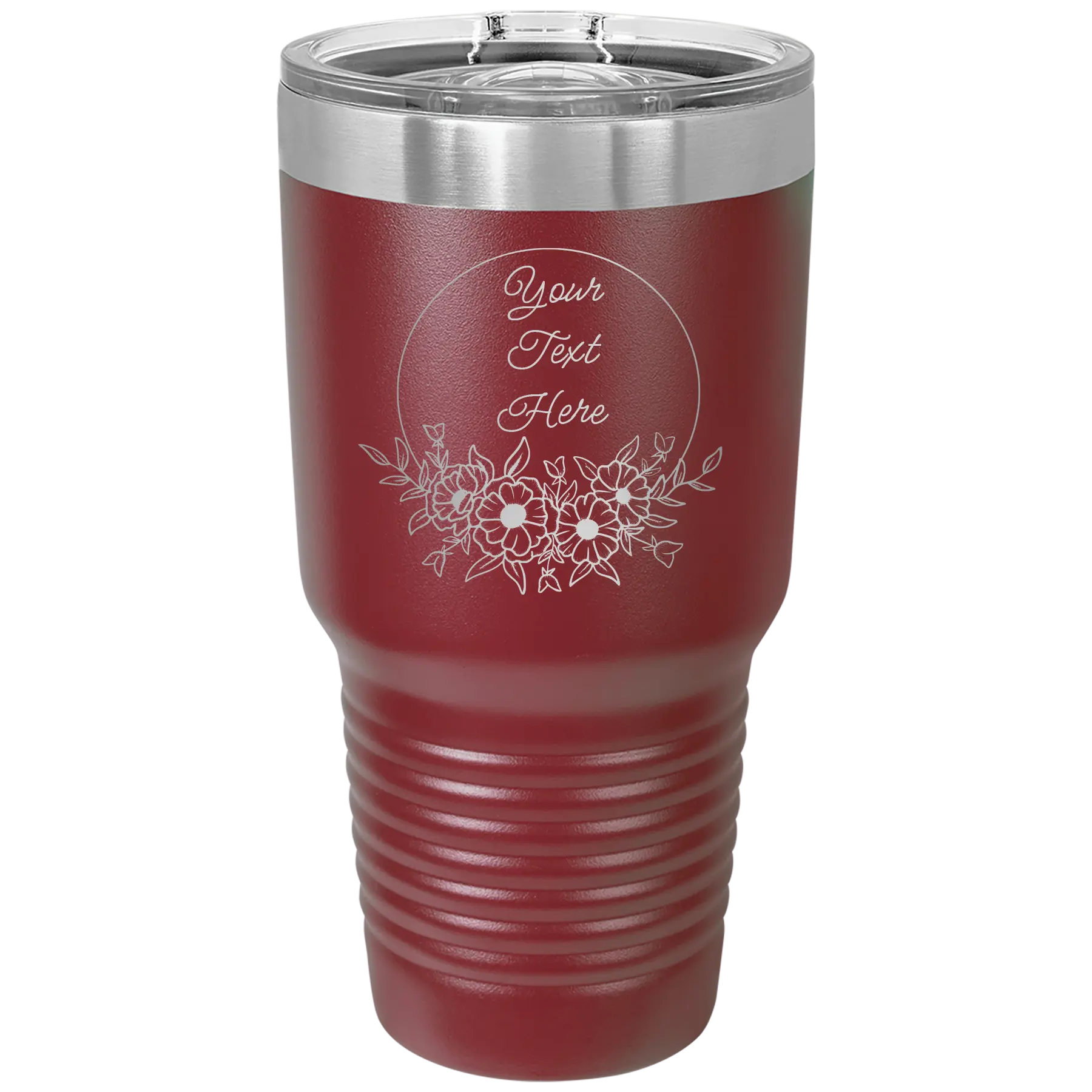 Personalized maroon 30 oz vacuum insulated tumbler with 'Flower Frame 1' design
