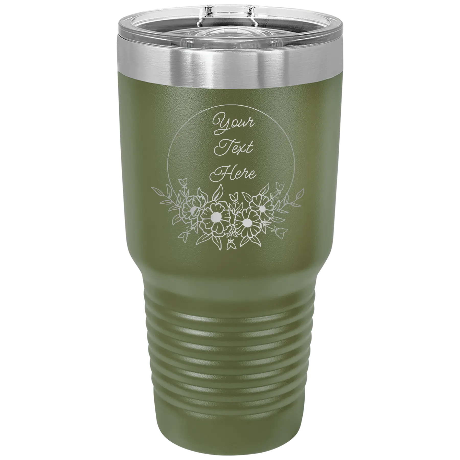 Personalized olive green 30 oz vacuum insulated tumbler with 'Flower Frame 1' design