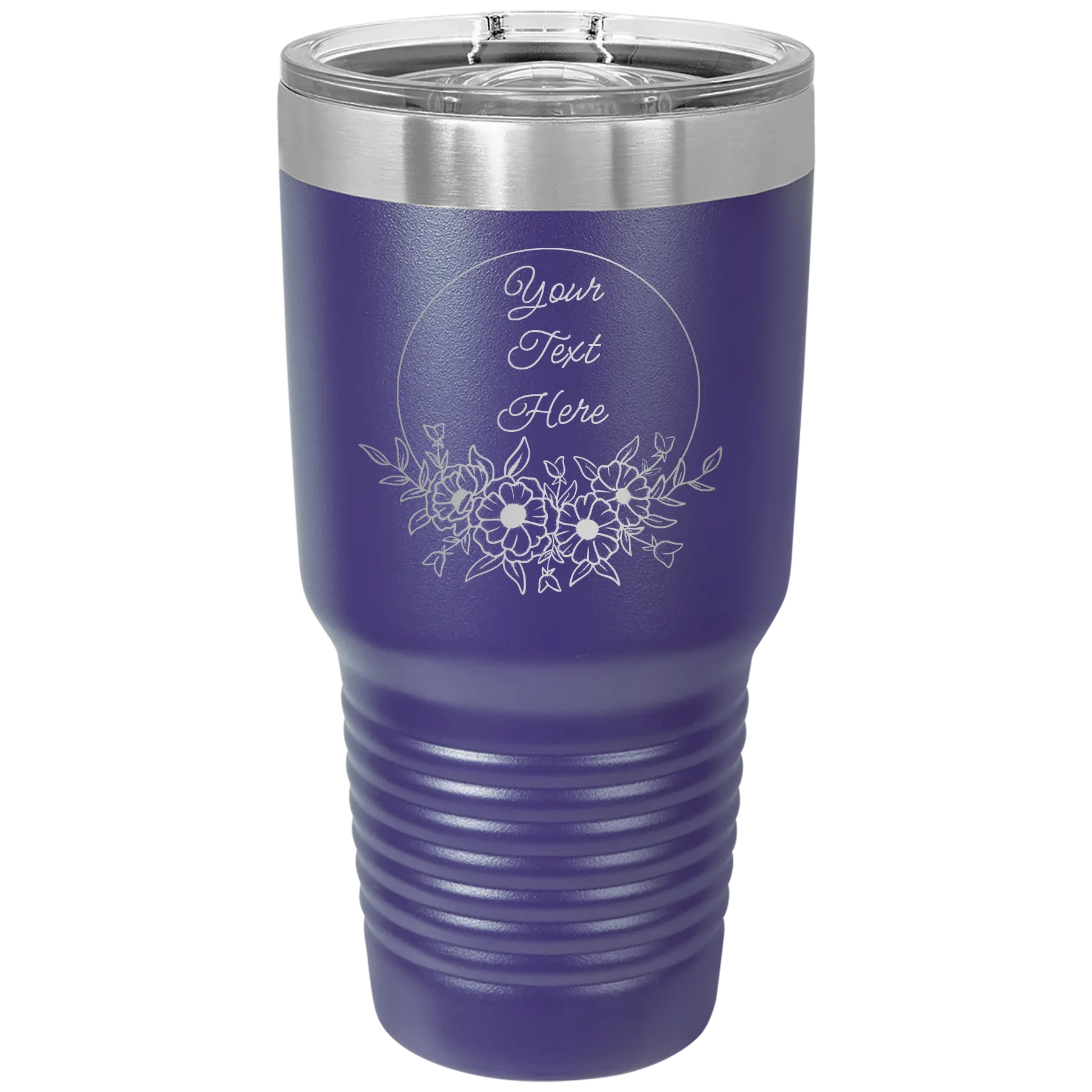 Personalized purple 30 oz vacuum insulated tumbler with 'Flower Frame 1' design