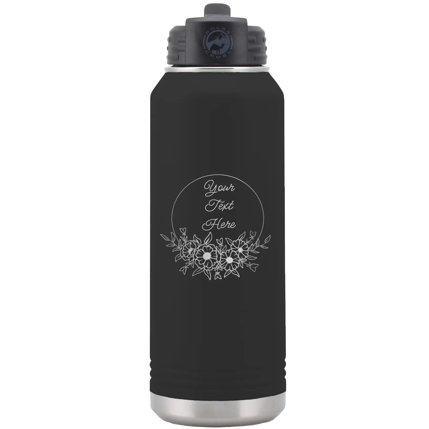 Personalized black 32 oz vacuum insulated water bottle with 'Flower Frame 1' design