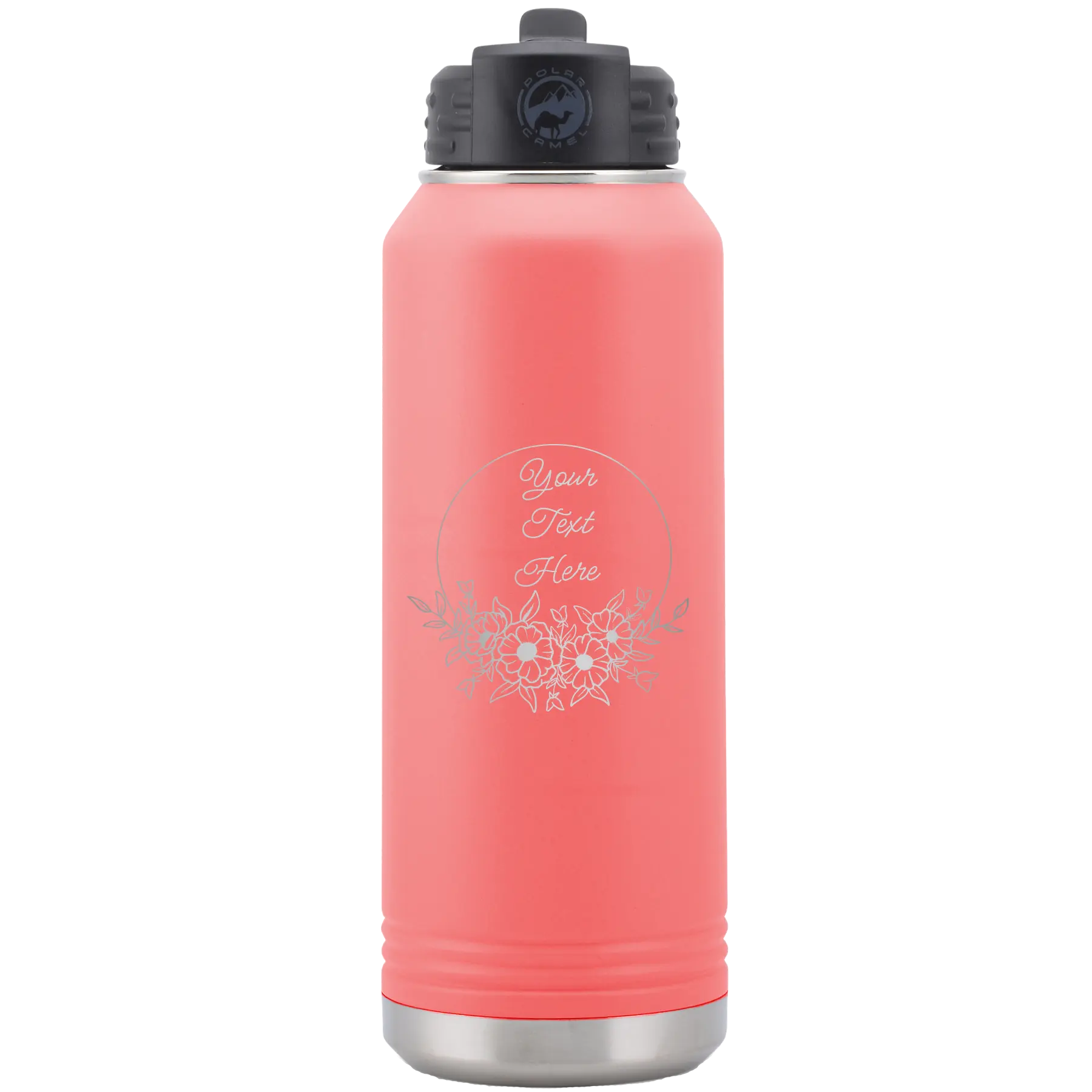 Personalized coral 32 oz vacuum insulated water bottle with 'Flower Frame 1' design