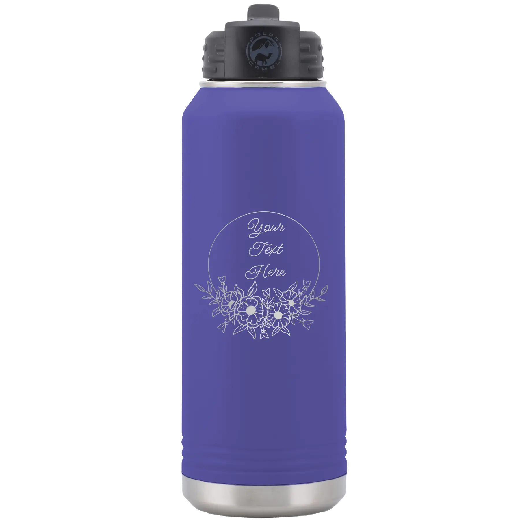 Personalized purple 32 oz vacuum insulated water bottle with 'Flower Frame 1' design