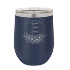 Personalized navy 12 oz vacuum insulated wine cup with 'Flower Frame 1' design