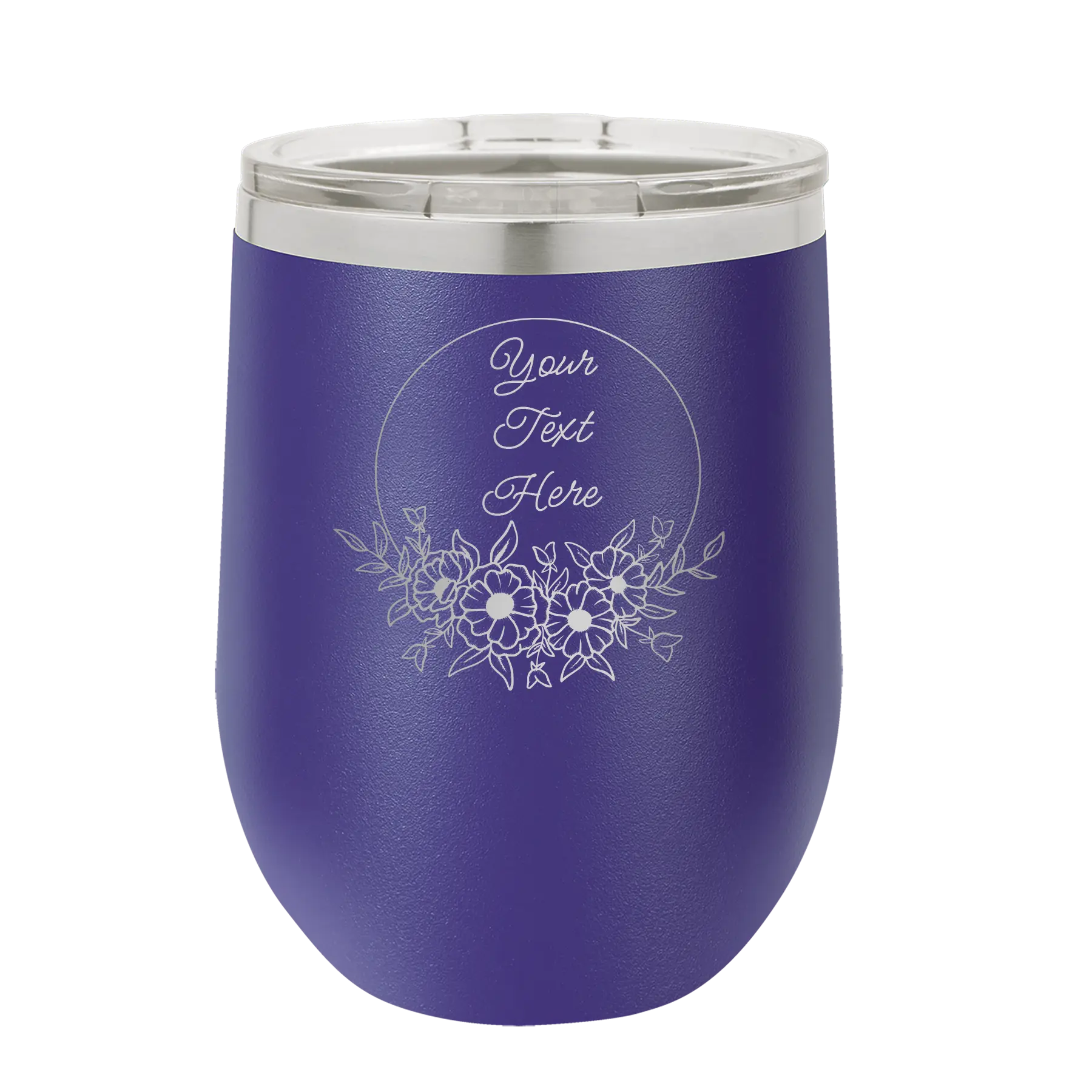 Personalized purple 12 oz vacuum insulated wine cup with 'Flower Frame 1' design