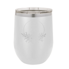 Personalized white 12 oz vacuum insulated wine cup with 'Flower Frame 1' design