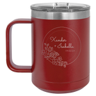 Personalized maroon 15 oz vacuum insulated coffee mug with 'Floral Circle with Text Wedding or Anniversary' design