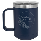 Personalized navy 15 oz vacuum insulated coffee mug with 'Floral Circle with Text Wedding or Anniversary' design