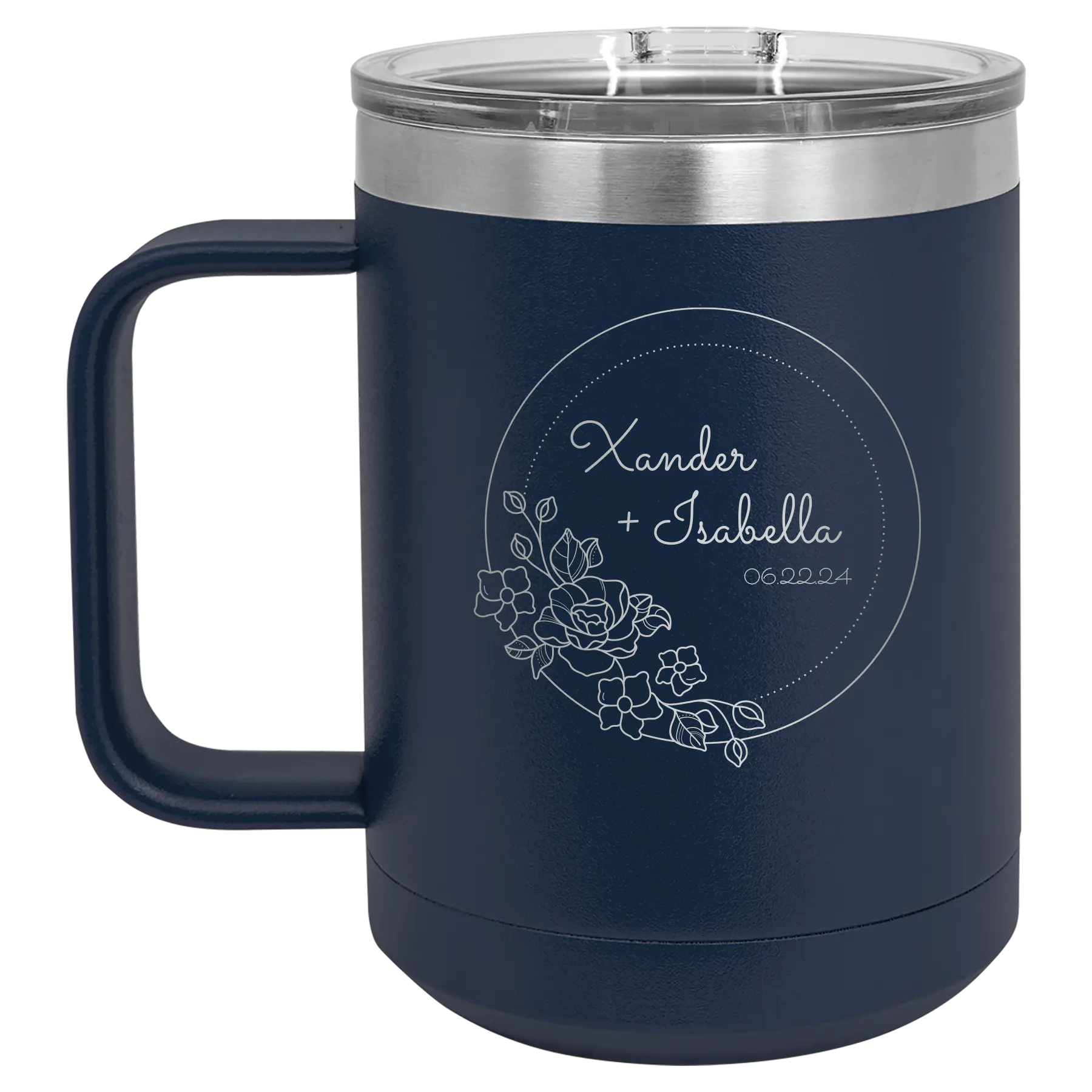 Personalized navy 15 oz vacuum insulated coffee mug with 'Floral Circle with Text Wedding or Anniversary' design