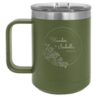Personalized olive green 15 oz vacuum insulated coffee mug with 'Floral Circle with Text Wedding or Anniversary' design