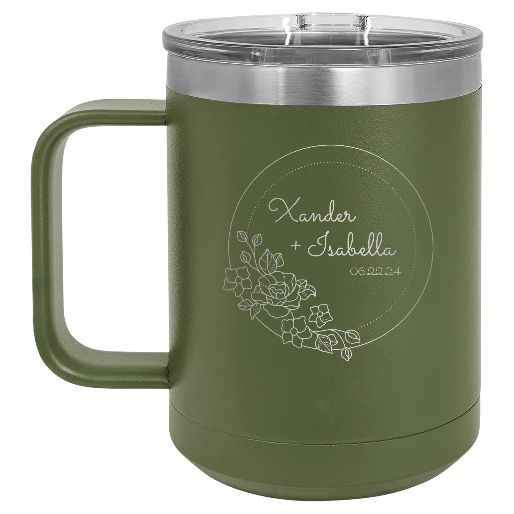 Personalized olive green 15 oz vacuum insulated coffee mug with 'Floral Circle with Text Wedding or Anniversary' design
