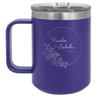 Personalized purple 15 oz vacuum insulated coffee mug with 'Floral Circle with Text Wedding or Anniversary' design