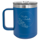 Personalized royal blue 15 oz vacuum insulated coffee mug with 'Floral Circle with Text Wedding or Anniversary' design
