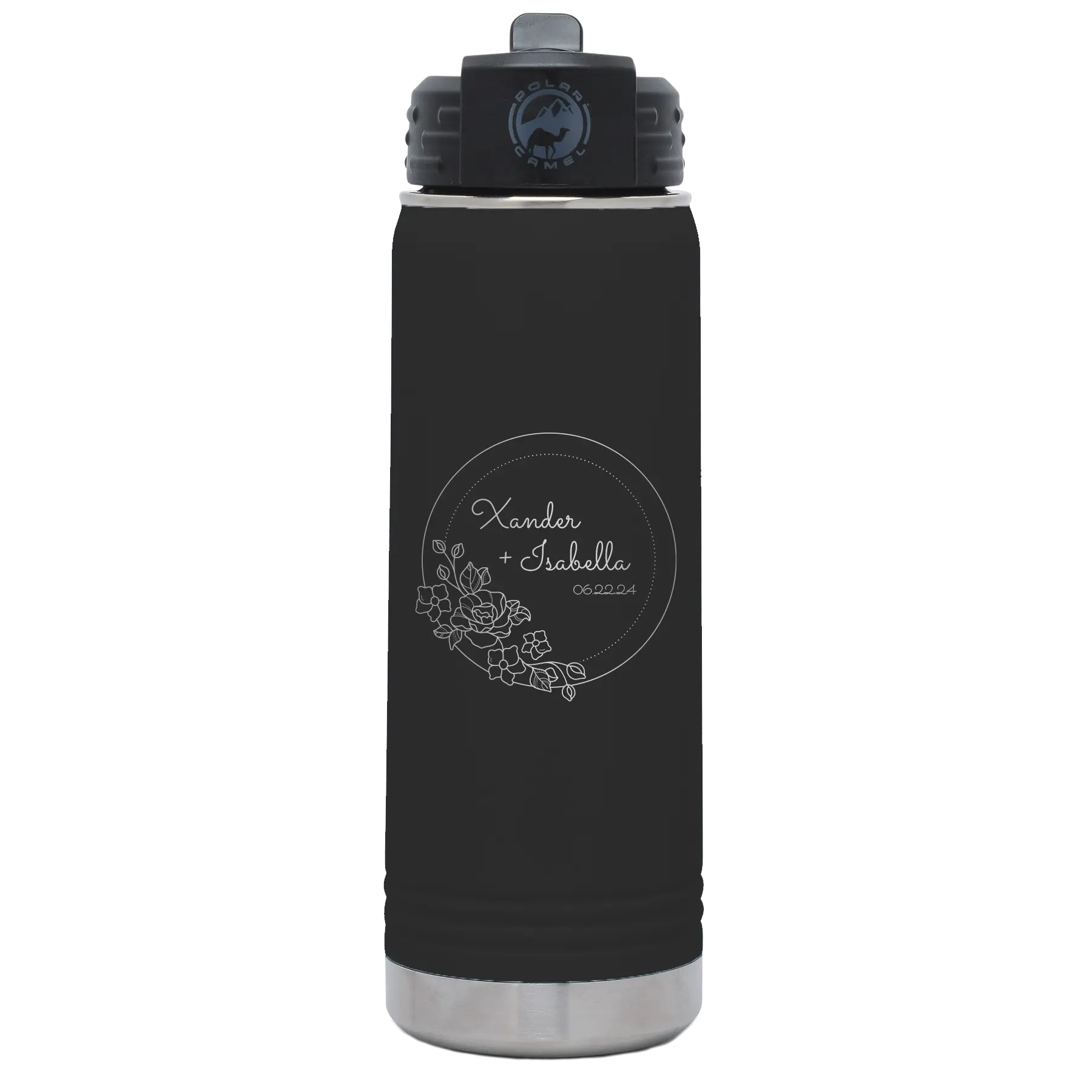 Personalized black 20 oz vacuum insulated water bottle with 'Floral Circle with Text Wedding or Anniversary' design
