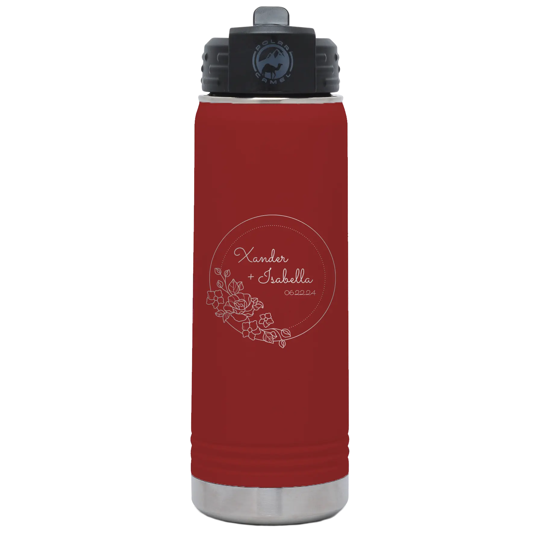 Personalized maroon 20 oz vacuum insulated water bottle with 'Floral Circle with Text Wedding or Anniversary' design