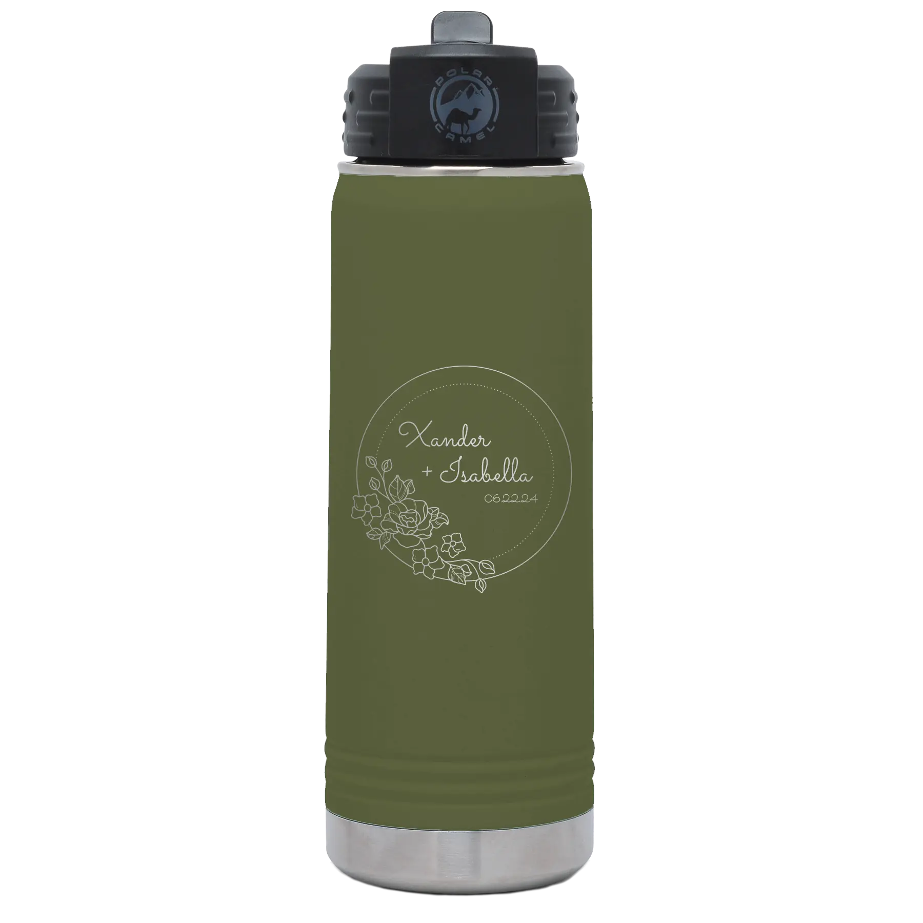 Personalized olive green 20 oz vacuum insulated water bottle with 'Floral Circle with Text Wedding or Anniversary' design