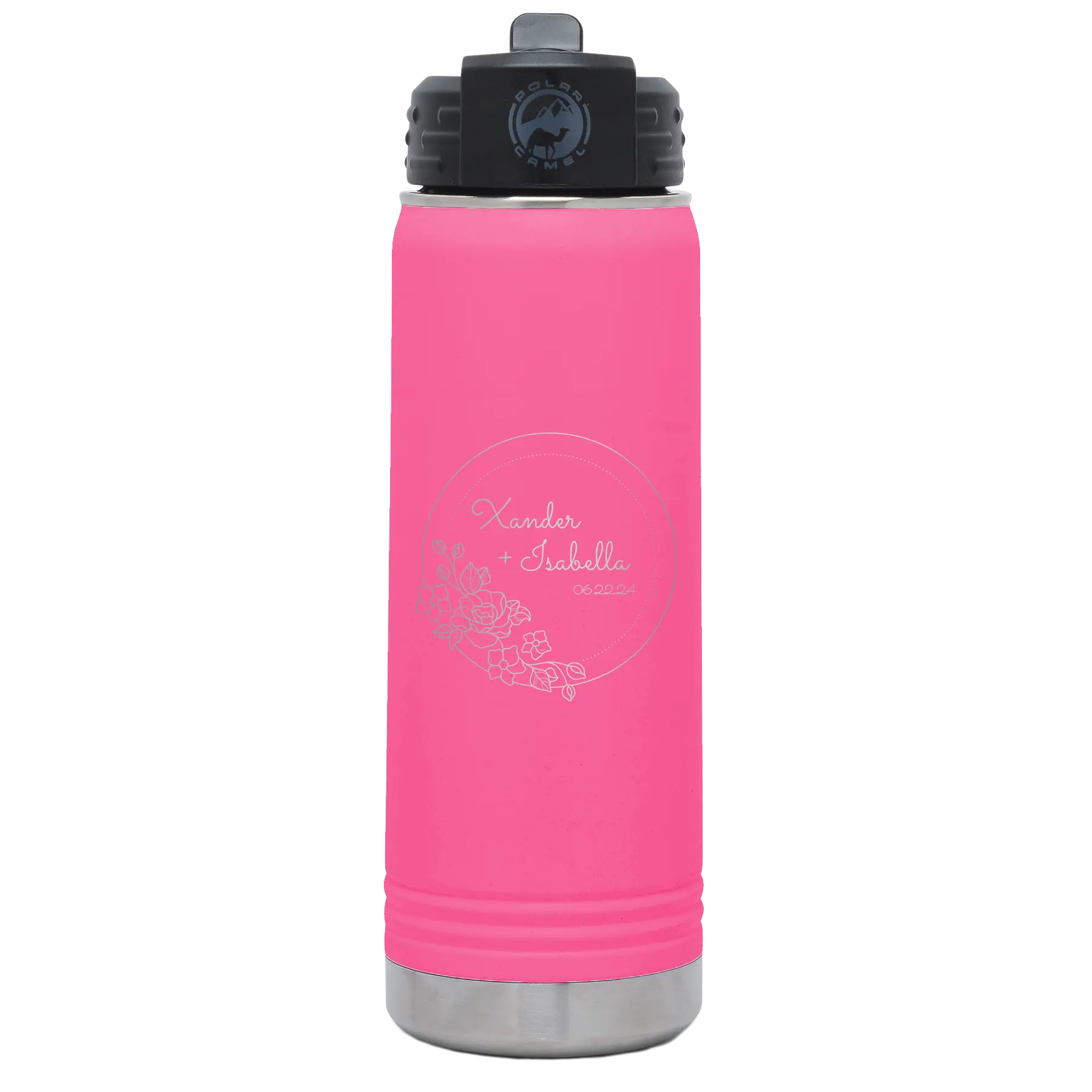 Personalized pink 20 oz vacuum insulated water bottle with 'Floral Circle with Text Wedding or Anniversary' design