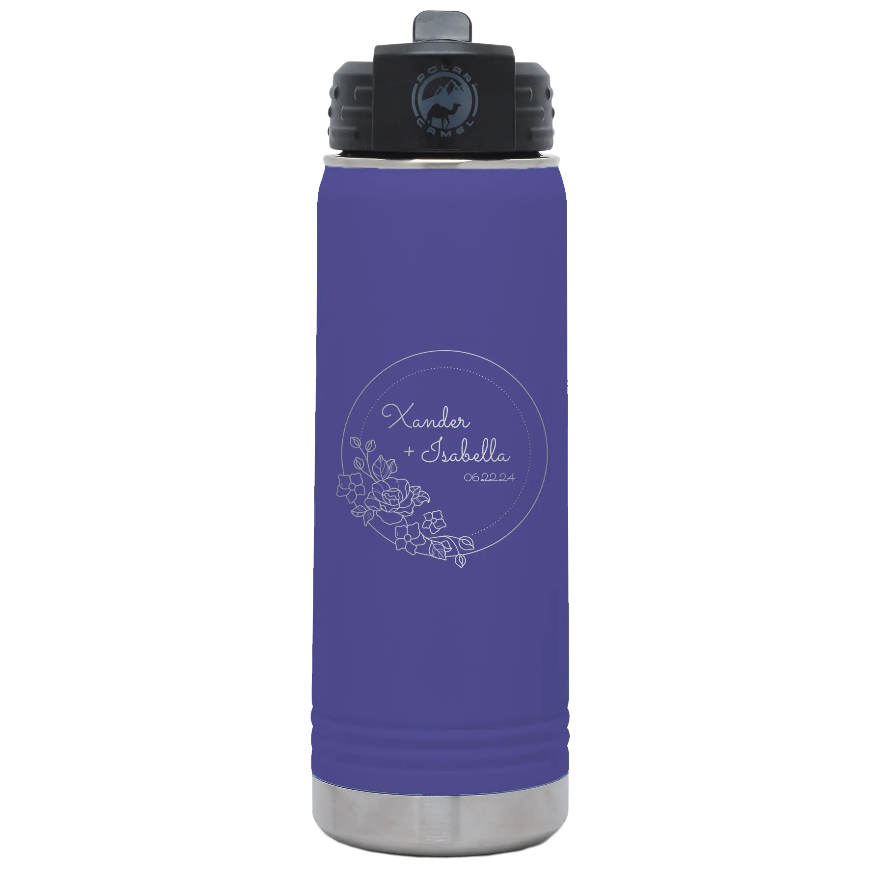 Personalized purple 20 oz vacuum insulated water bottle with 'Floral Circle with Text Wedding or Anniversary' design