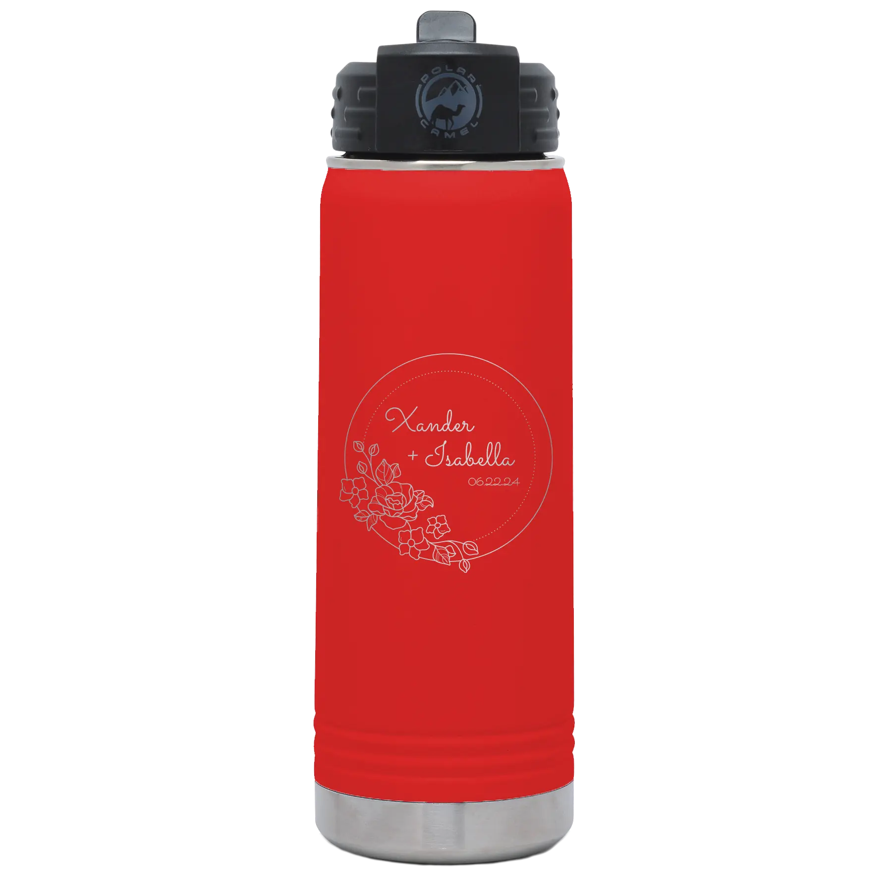 Personalized red 20 oz vacuum insulated water bottle with 'Floral Circle with Text Wedding or Anniversary' design