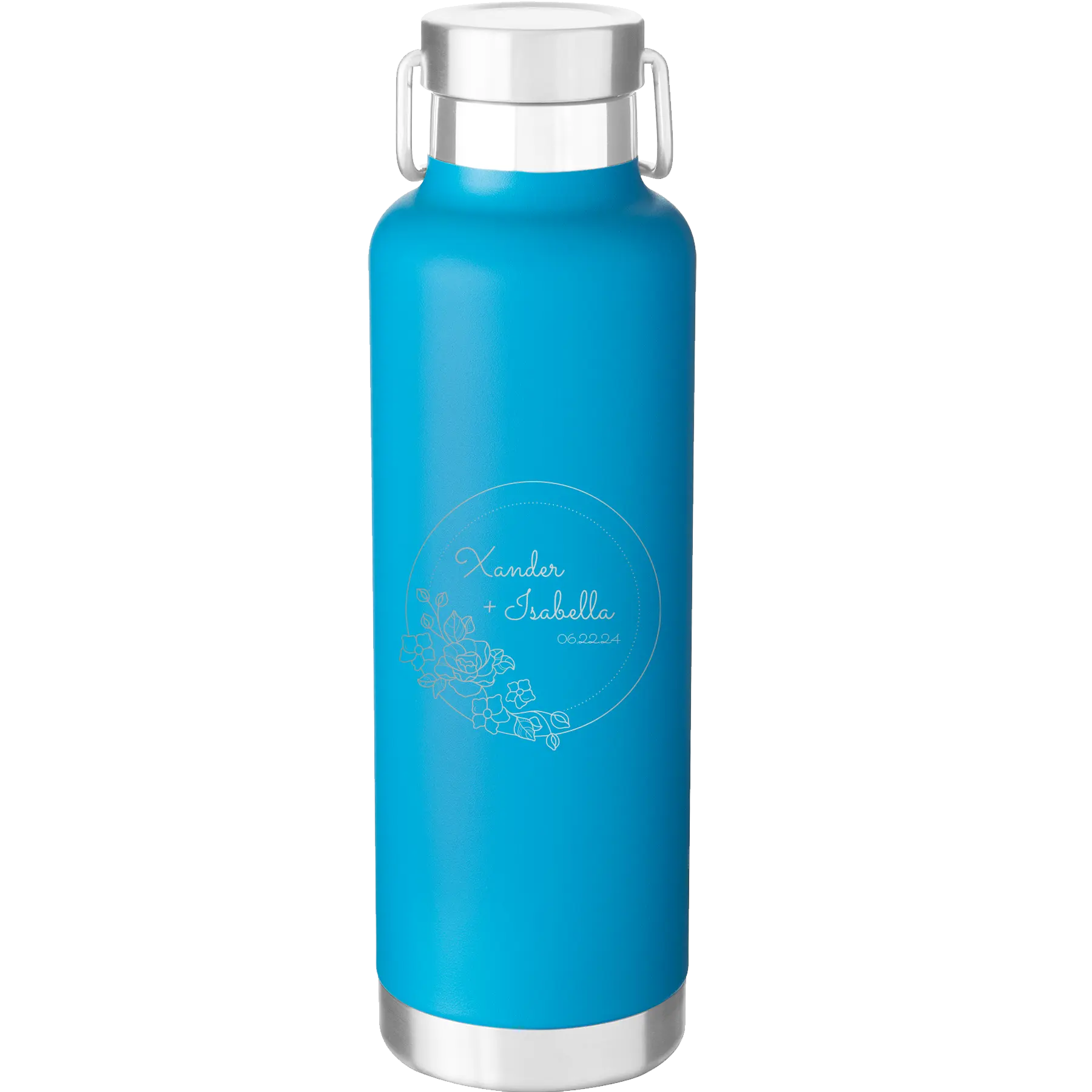 Personalized aqua 24 oz vacuum insulated water bottle with 'Floral Circle with Text Wedding or Anniversary' design