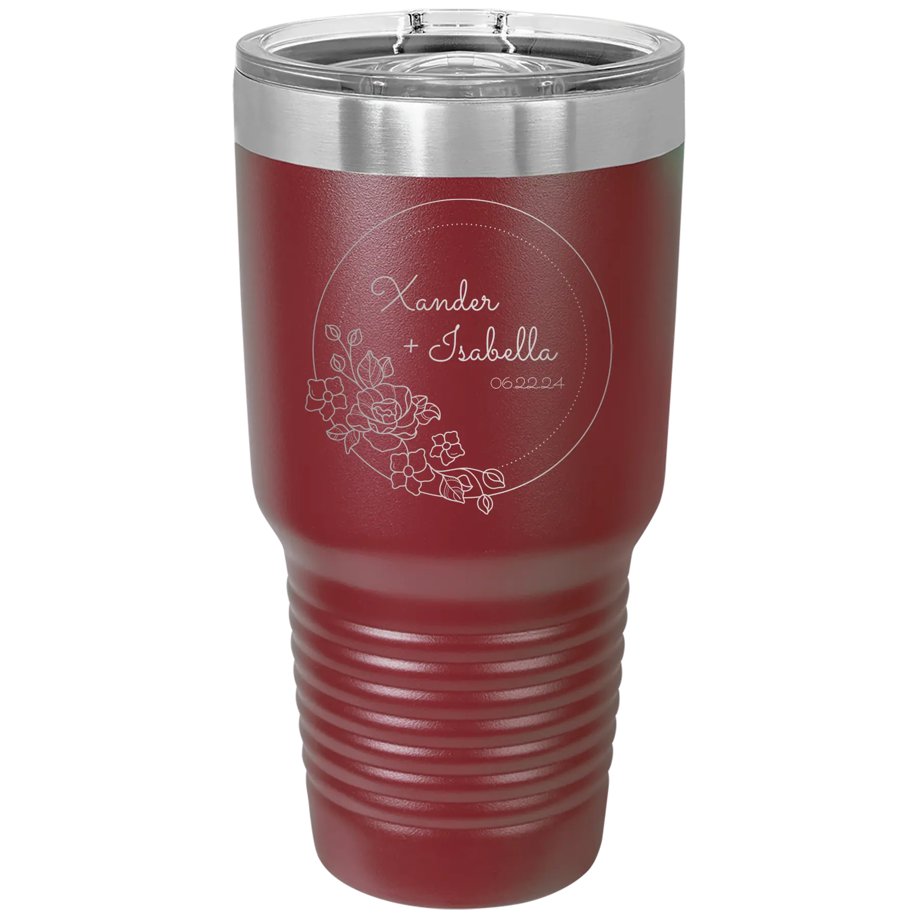 Personalized maroon 30 oz vacuum insulated tumbler with 'Floral Circle with Text Wedding or Anniversary' design