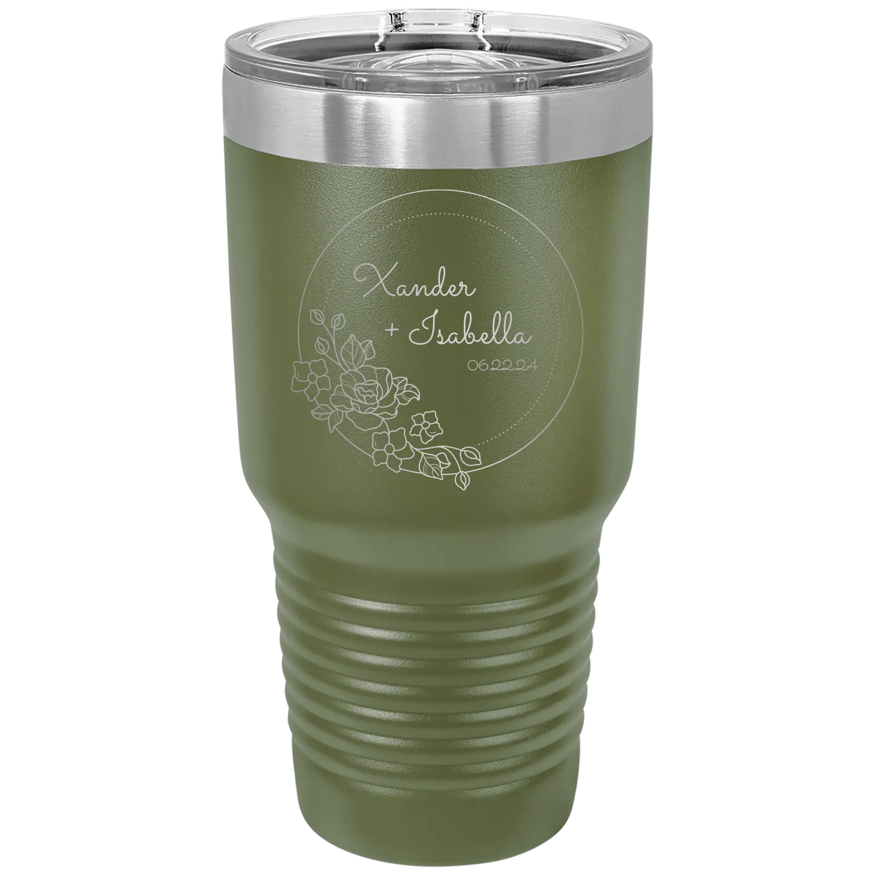 Personalized olive green 30 oz vacuum insulated tumbler with 'Floral Circle with Text Wedding or Anniversary' design