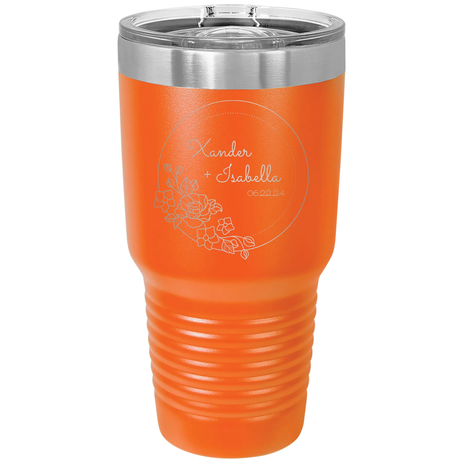 Personalized orange 30 oz vacuum insulated tumbler with 'Floral Circle with Text Wedding or Anniversary' design