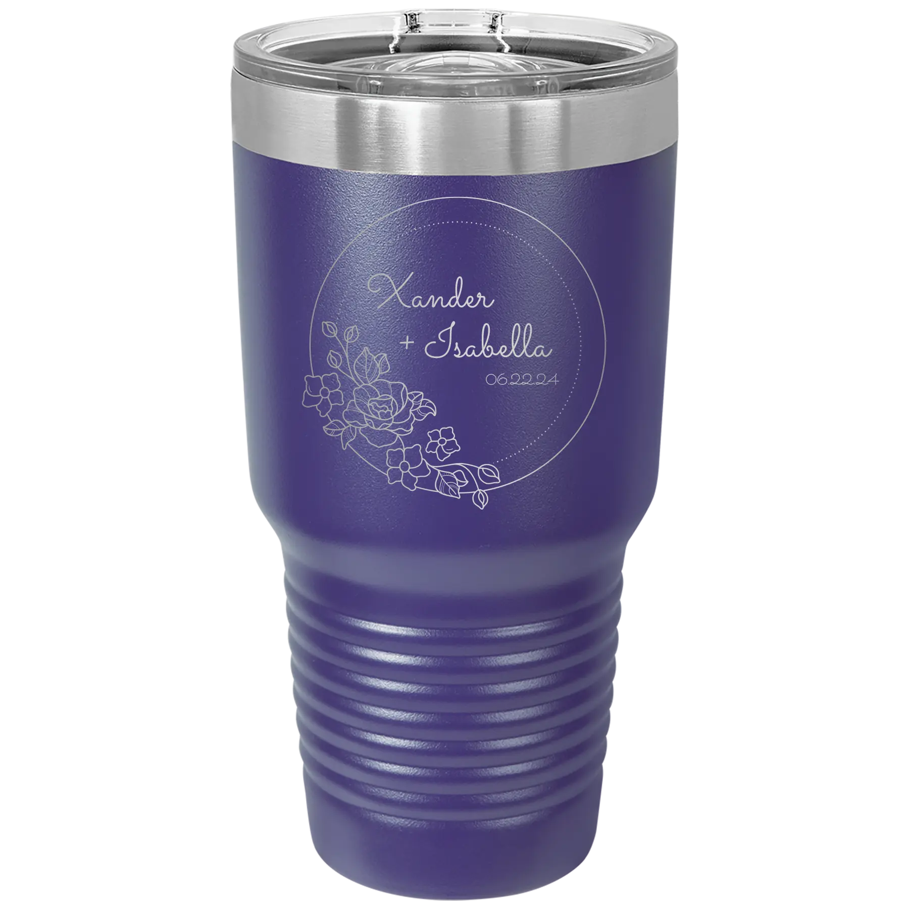 Personalized purple 30 oz vacuum insulated tumbler with 'Floral Circle with Text Wedding or Anniversary' design