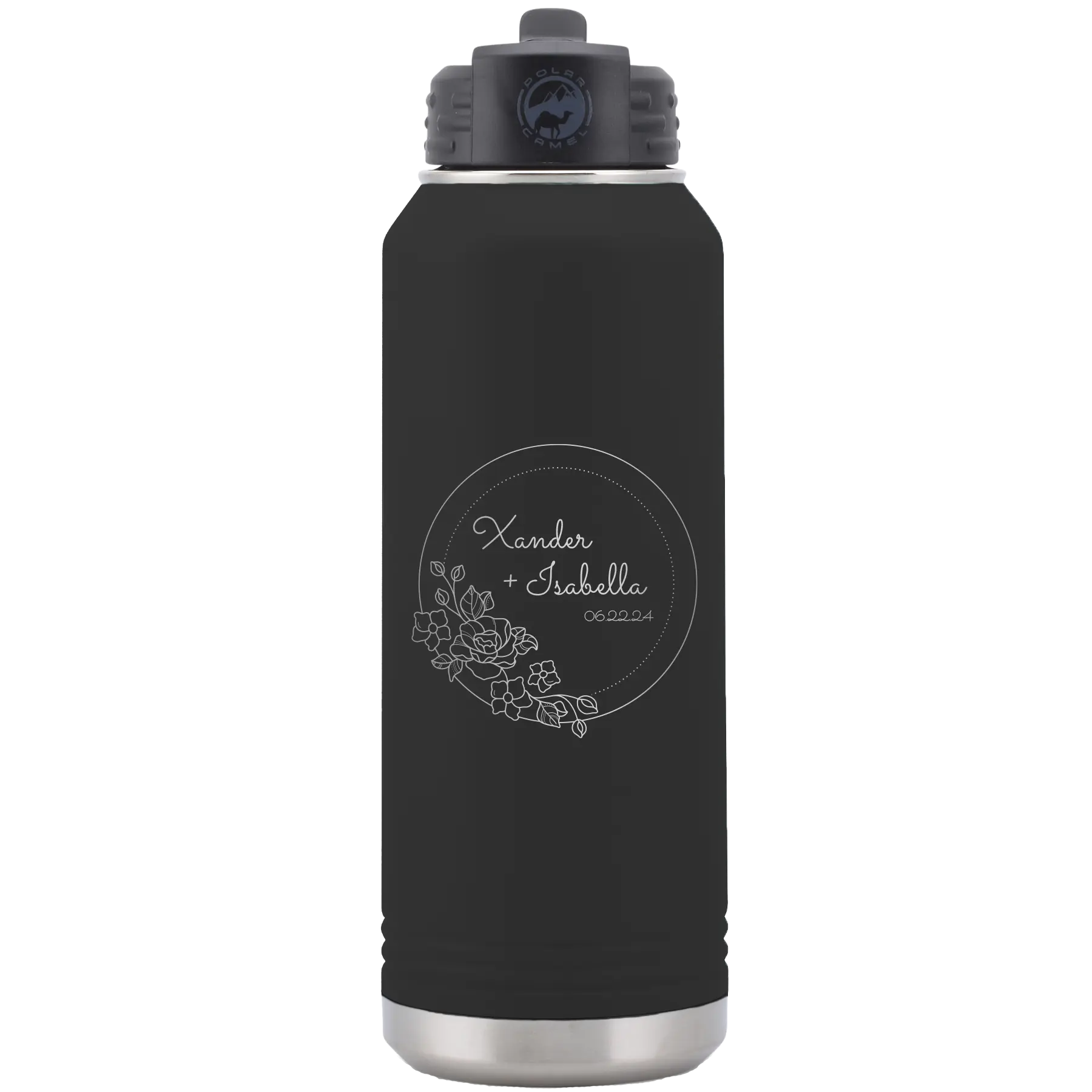 Personalized black 32 oz vacuum insulated water bottle with 'Floral Circle with Text Wedding or Anniversary' design