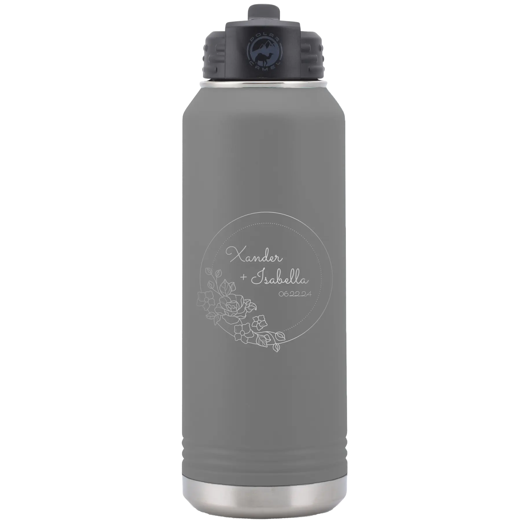 Personalized dark gray 32 oz vacuum insulated water bottle with 'Floral Circle with Text Wedding or Anniversary' design