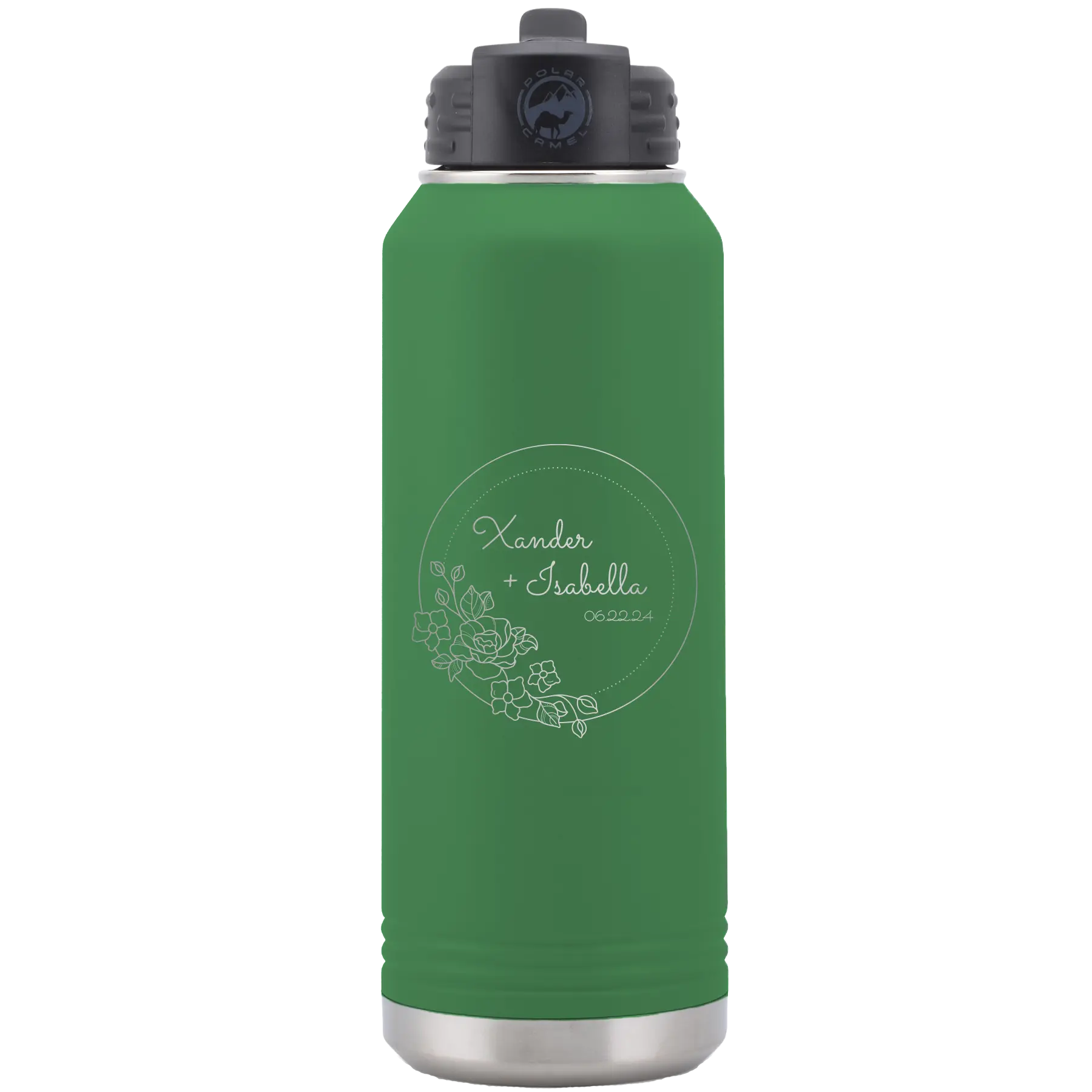 Personalized green 32 oz vacuum insulated water bottle with 'Floral Circle with Text Wedding or Anniversary' design