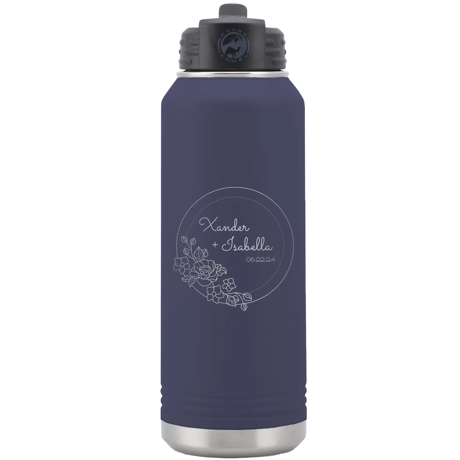 Personalized navy 32 oz vacuum insulated water bottle with 'Floral Circle with Text Wedding or Anniversary' design