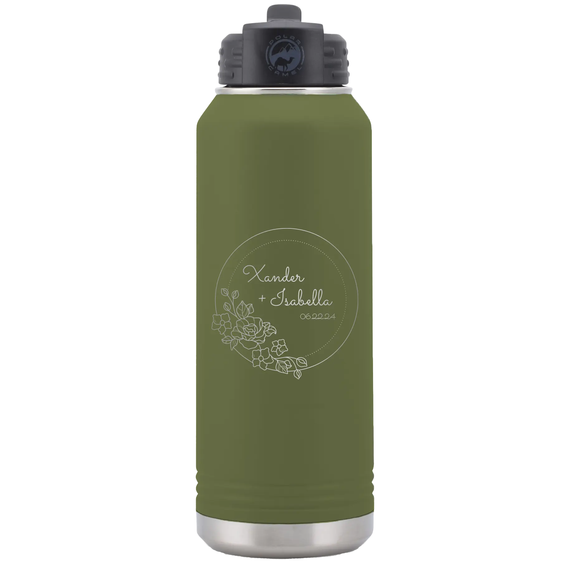 Personalized olive green 32 oz vacuum insulated water bottle with 'Floral Circle with Text Wedding or Anniversary' design