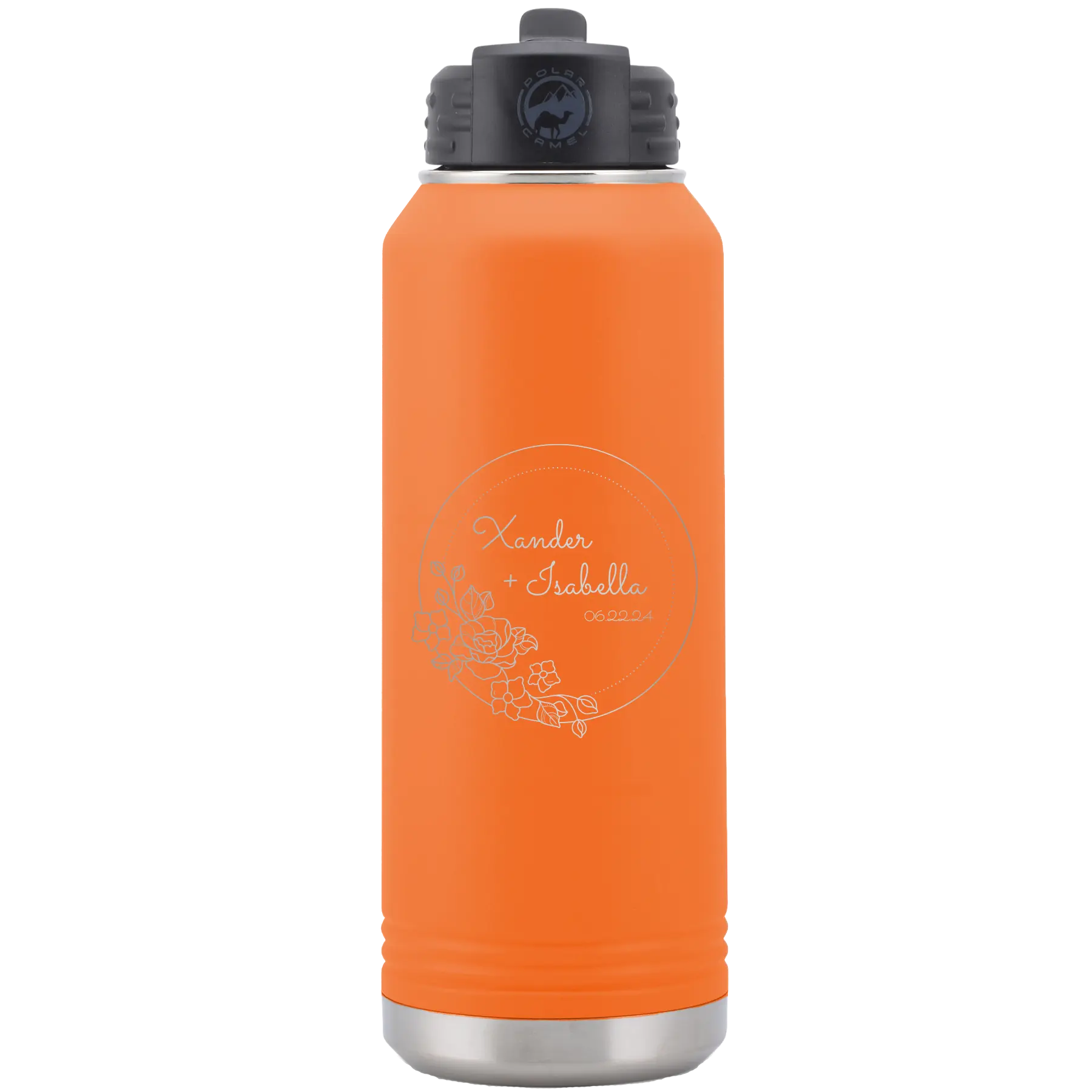 Personalized orange 32 oz vacuum insulated water bottle with 'Floral Circle with Text Wedding or Anniversary' design