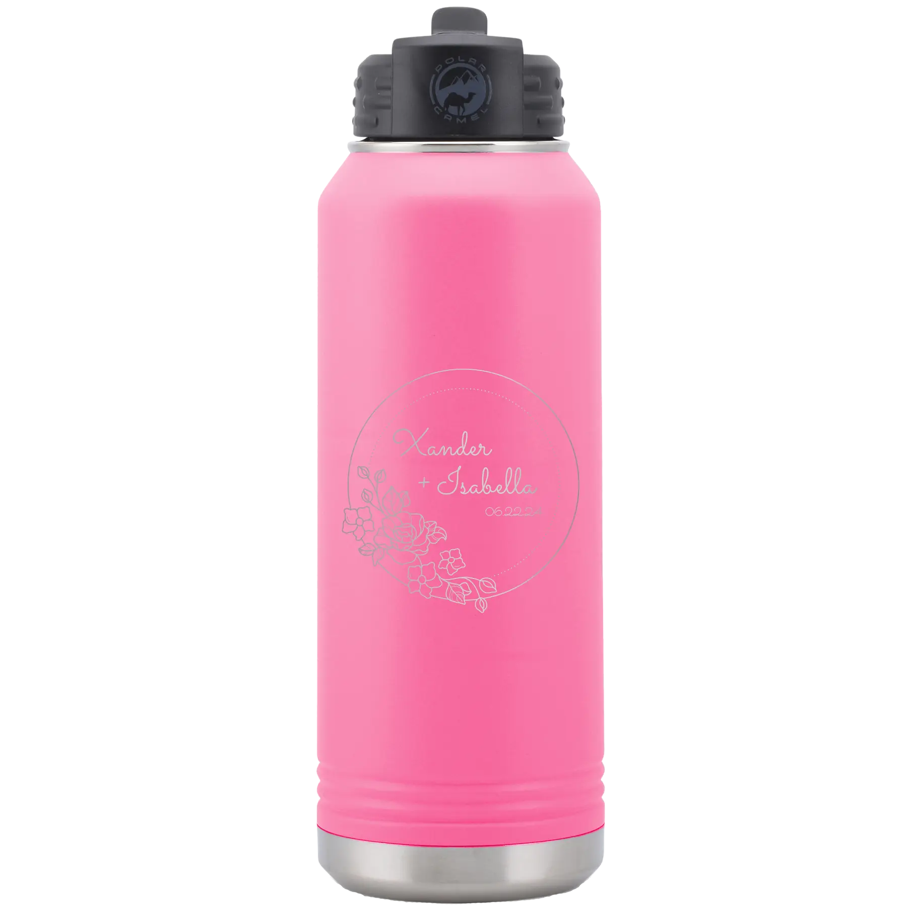 Personalized pink 32 oz vacuum insulated water bottle with 'Floral Circle with Text Wedding or Anniversary' design