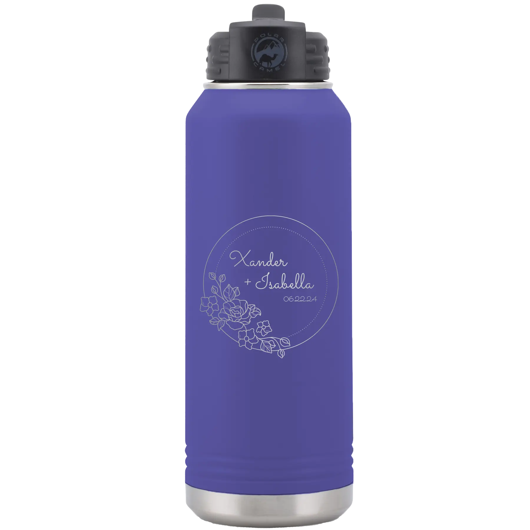 Personalized purple 32 oz vacuum insulated water bottle with 'Floral Circle with Text Wedding or Anniversary' design