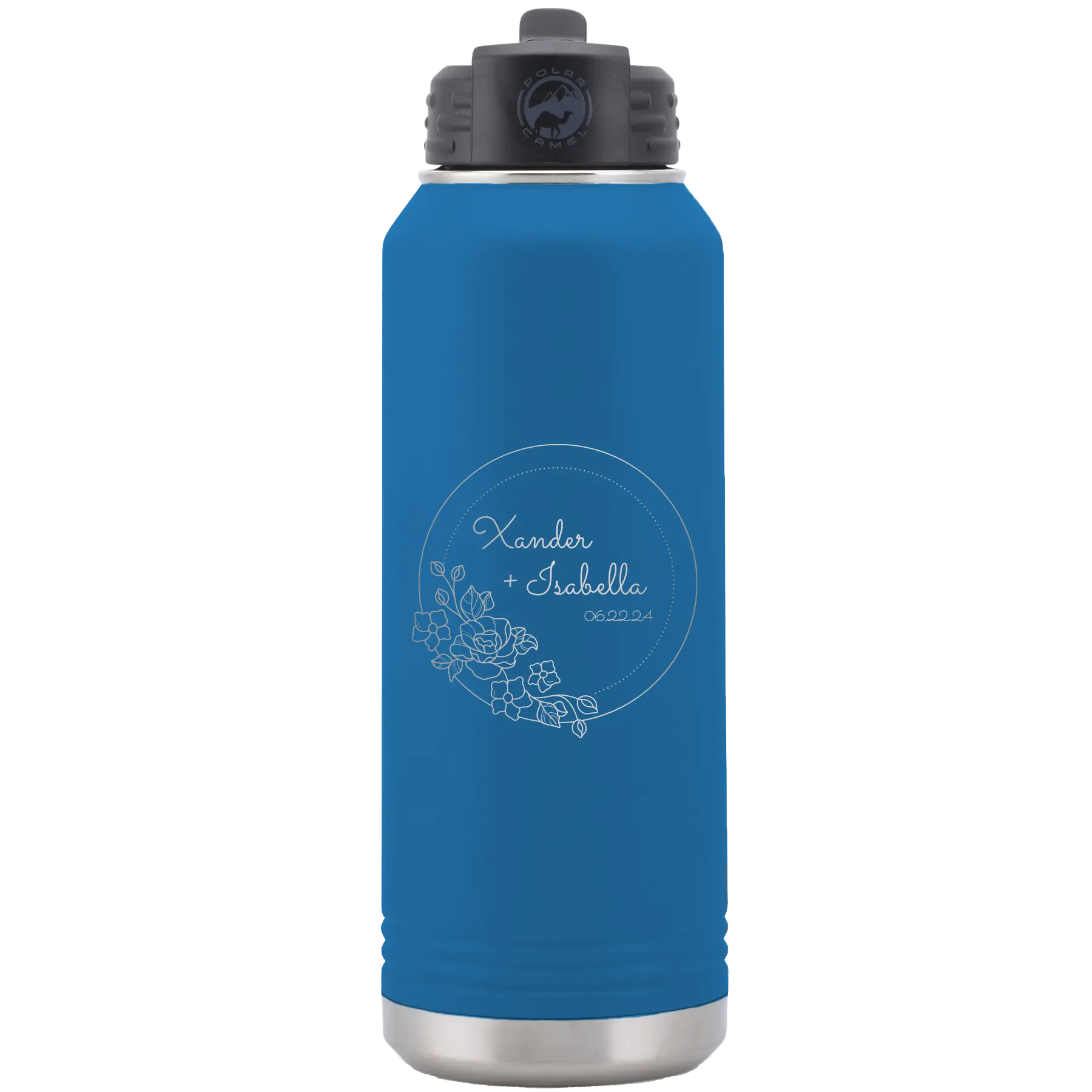 Personalized royal blue 32 oz vacuum insulated water bottle with 'Floral Circle with Text Wedding or Anniversary' design